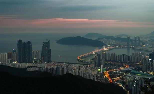 The city at sunset.