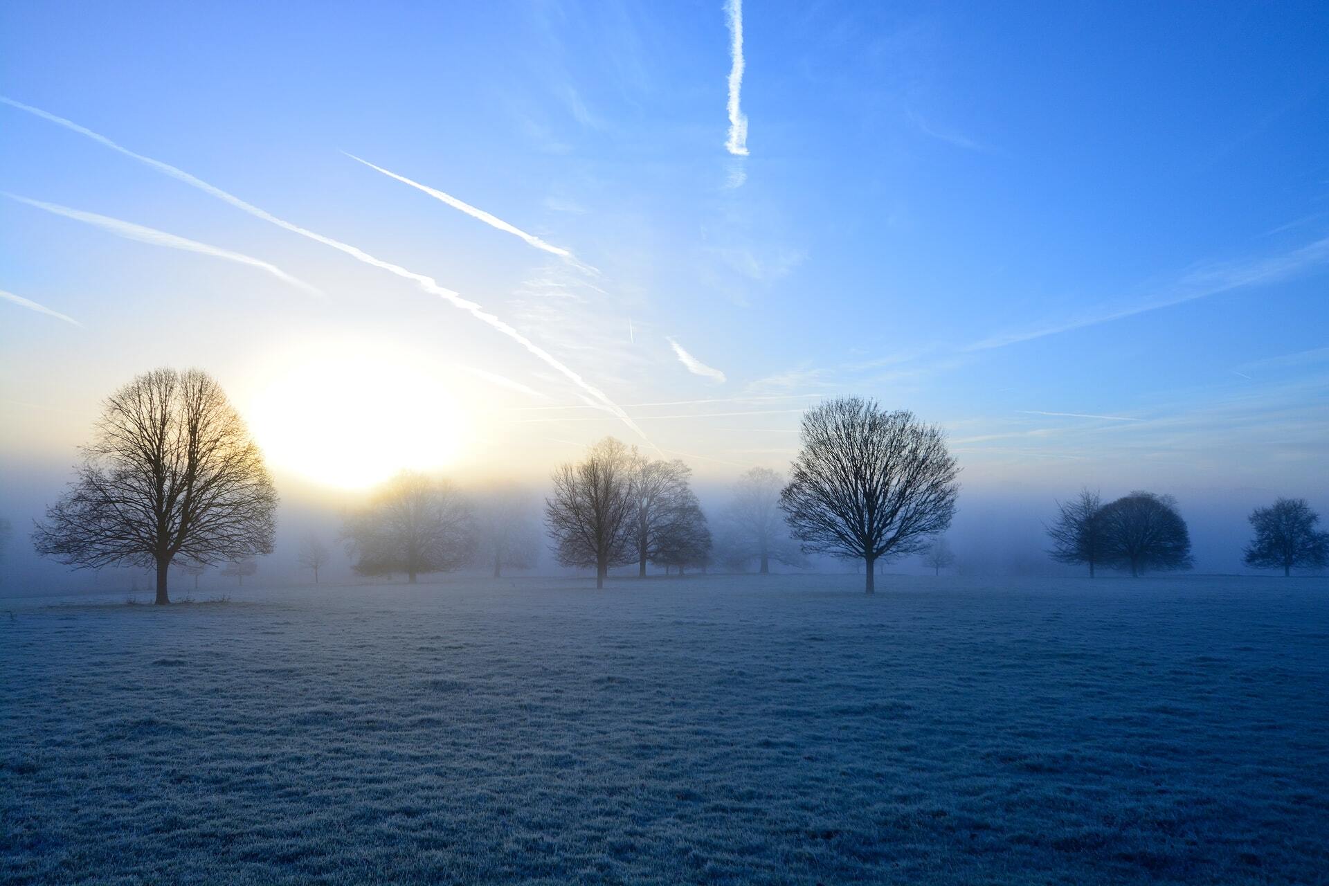 A frosty misty dawn in the Cotswold hills.