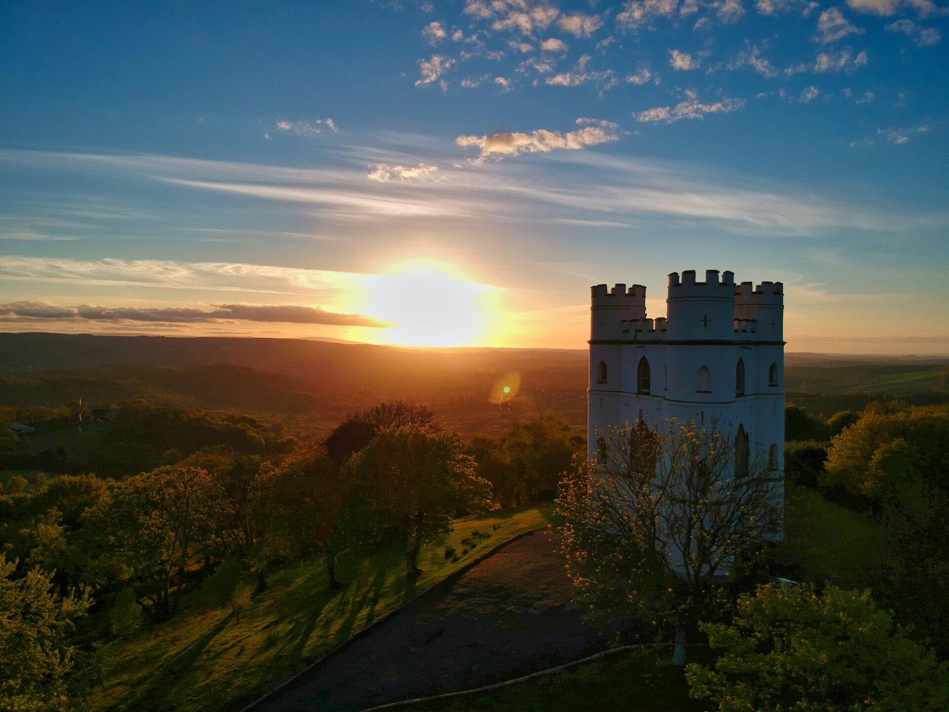 May Day sunset over Dartmoor in the background of Haldon Belvedere